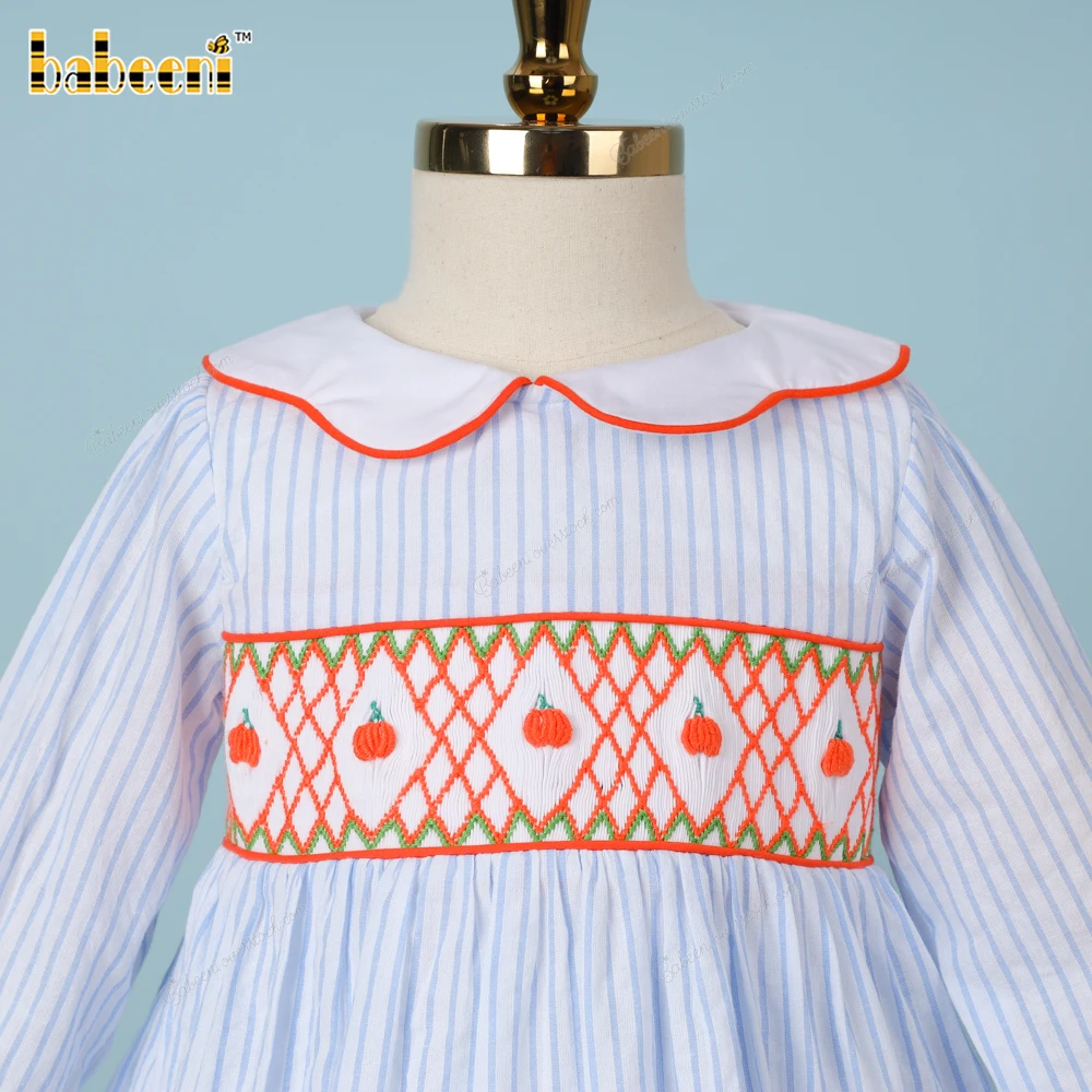 Blue pinstripe with geometric hand-smocked girl long sleeve dress ODM OEM baby girl dresses made in vietnam- BB3411