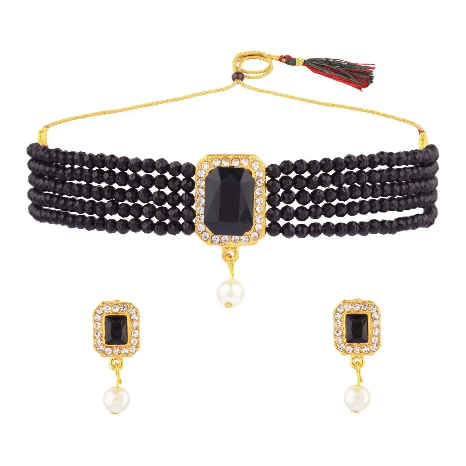 Индийский жемчуг черные камни и многожильный этническое колье серьги набор для женской свадебной одежды оптовая продажа