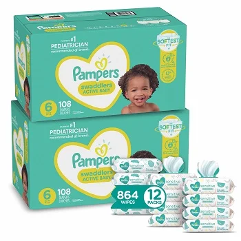 Pampers Swaddlers Disposable Baby Diapers Size 6, 2 Month Supply (2 x 108 Count) with Sensitive Water Based Baby Wipes, 12X Pop-