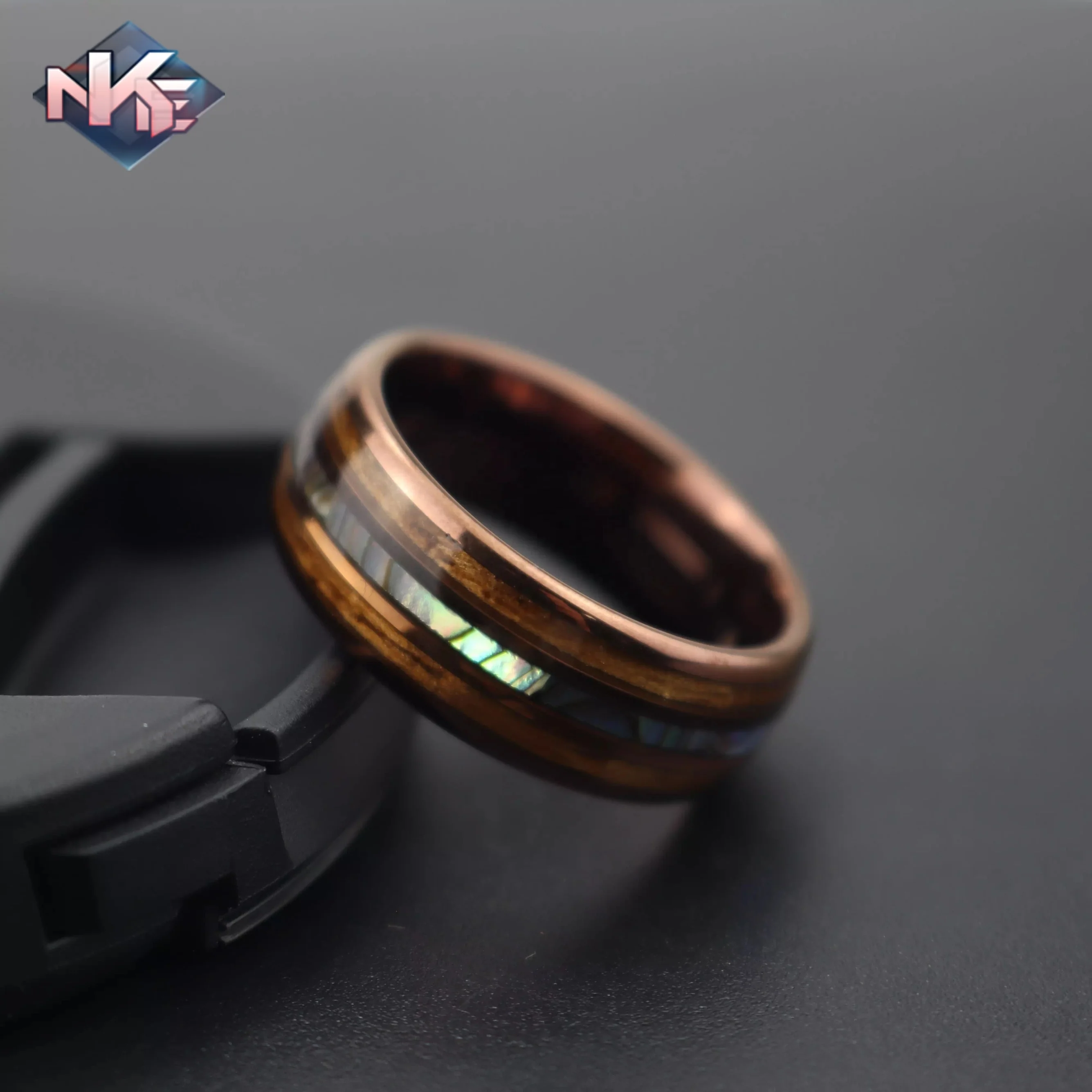 Mens Abalone Shell Whiskey Barrel Wood Inlay Coffee Tungsten Carbide Rings Ring For Men