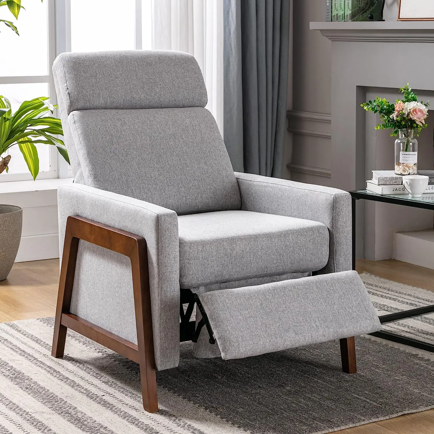 THLCr - 0029 Upholstered Recliner Chair with Thick Seat Cushion and Backrest Wood Greywood Accent Armchair for Living Room