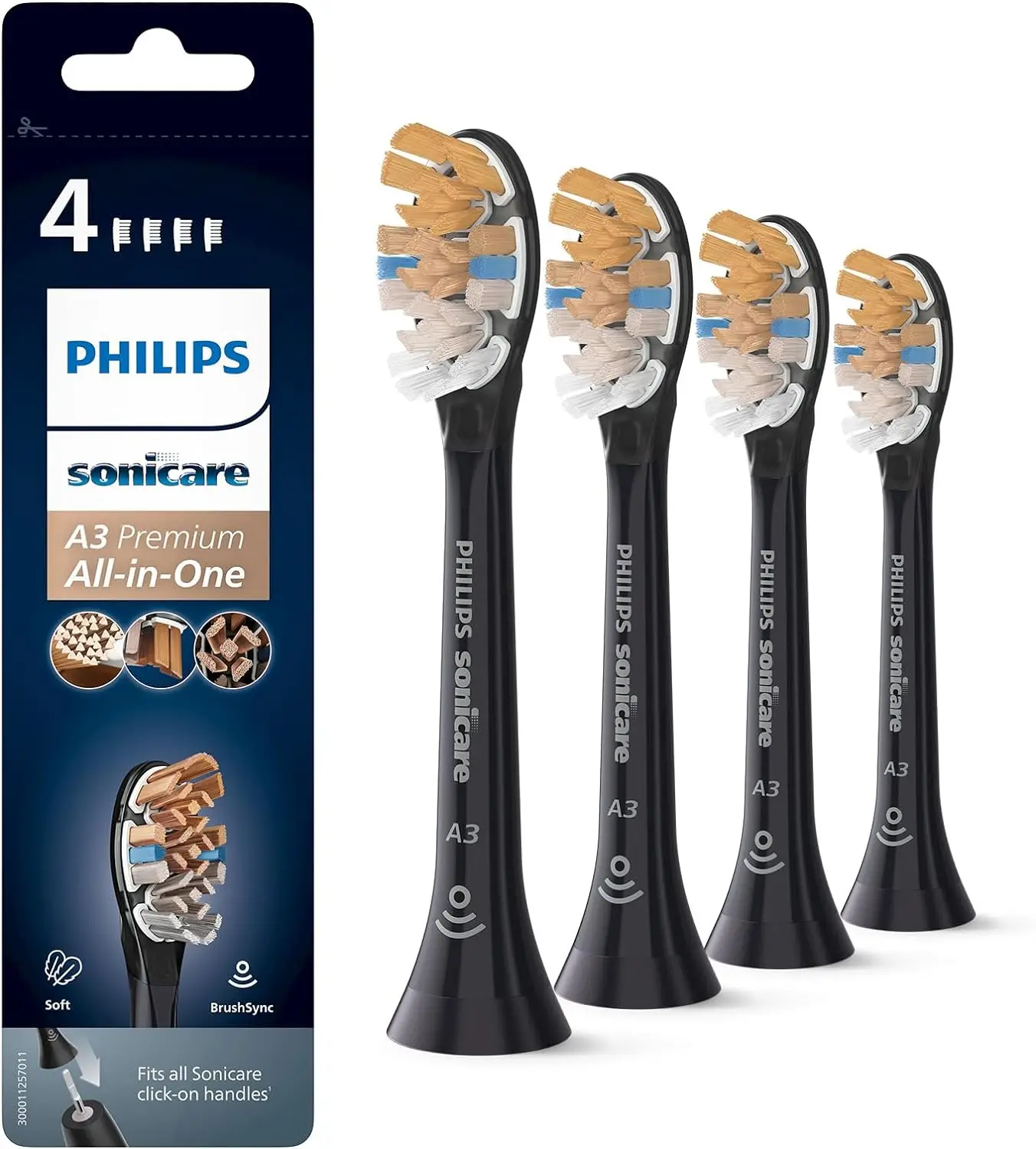 Philips Sonicare HX9094/11 Original A3 Premium All-in-One Electric Toothbrush Replacement Pack With 4 Black Brush Heads Adults