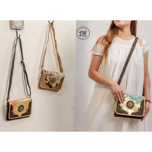 LW Handmade Genuine Suede Leather Western Style Cow Hair On Leather Bags  Women Leather Sling Bags