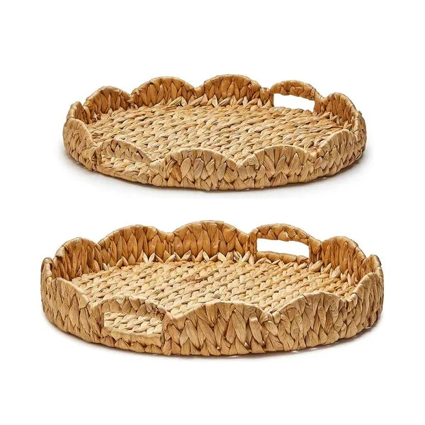 Set 2 Scallop Large Water Hyacinth Basket Tray Tableware New Design Boho Straw Serving Tray Kitchen Living Room Rustic