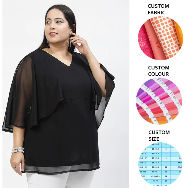 2024 NEW ARRIVAL CUSTOM BLACK PEPLUM TOP WITH CAPE SLEEVES ELEGANT CASUAL CLASSIC WOMEN TOP FOR SUMMER