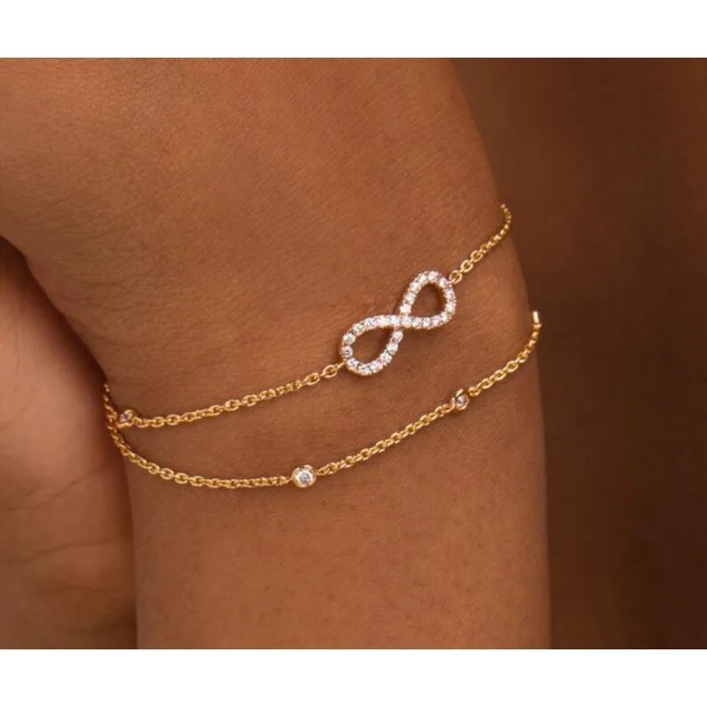 Lab Grown Diamond Infinity Bracelet 10k 14k 18k Gold White Yellow Rose Bracelets Full Custom Gift for Women Make to Order