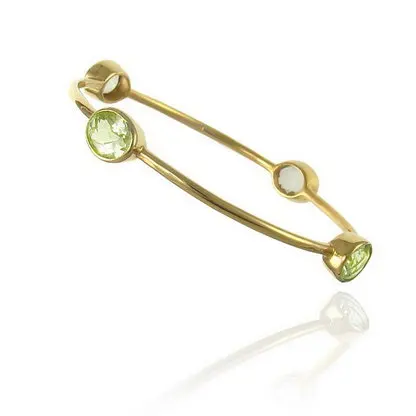 Handmade Gemstone Bangle Bracelet with Round Green Hydro Gems, Gold Plated Casual and Sporty Bracelet for Woman