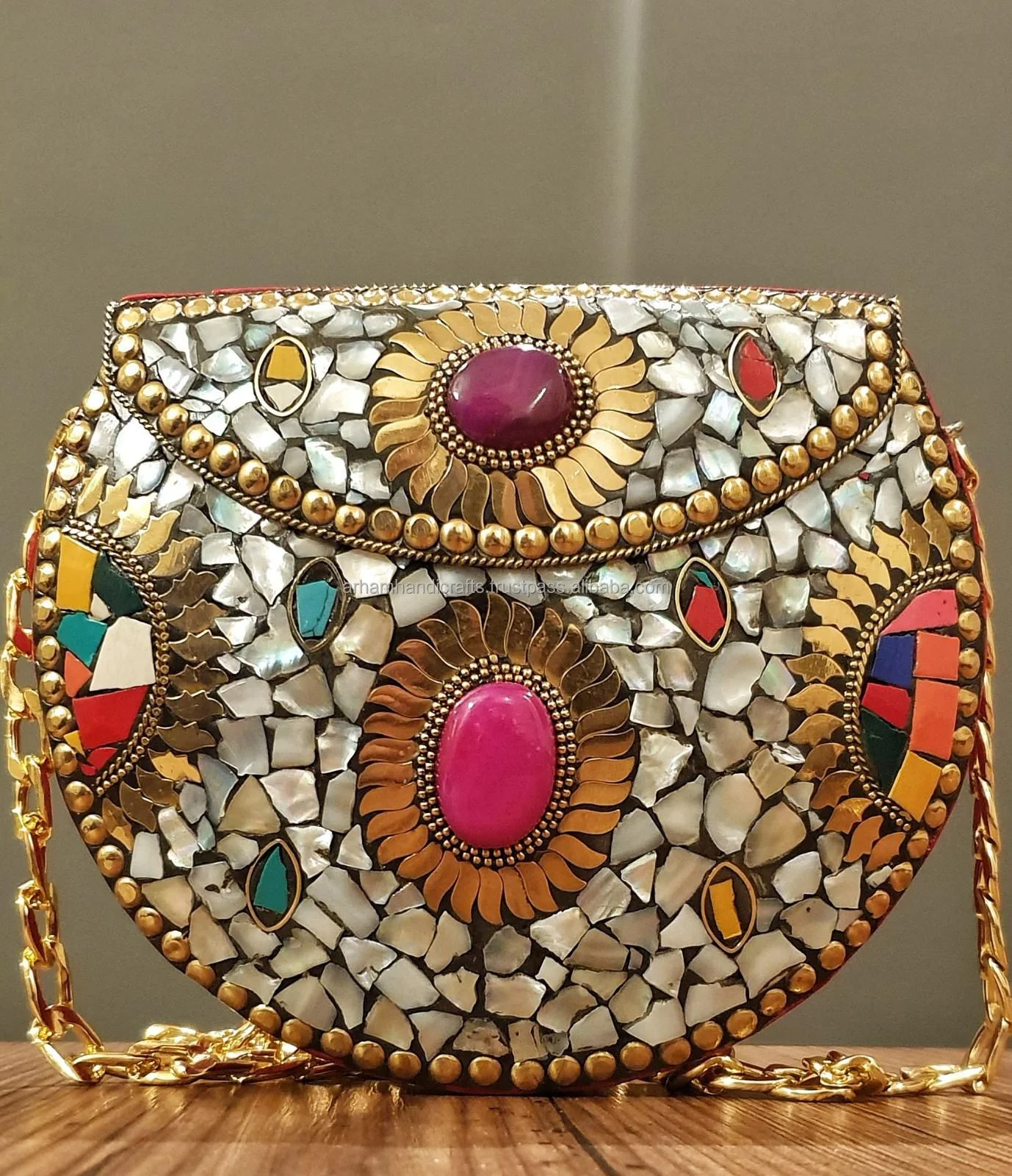 Mosaic Handmade Ethnic Clutch Ornate Bag Vintage Bag Boho Clutch Indian Bag Mother of Pearl Purse Metal Clutch by LUXURY CRAFTS