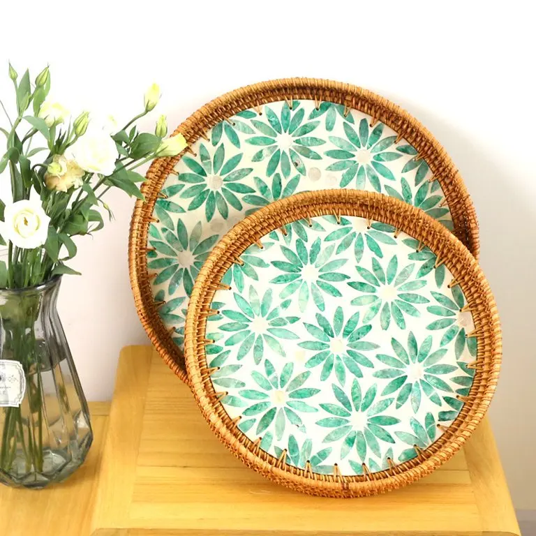 Handwoven Round Organizer Rattan Food Storage Tray customized with Mosaic Good Price Natural from india