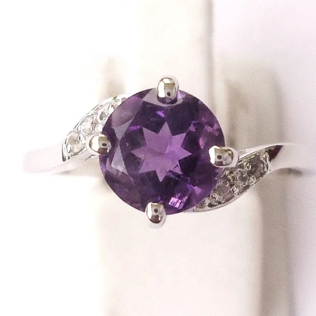 Attractive 925 Sterling Silver Round Gemstone Ring Cheap Good Color Amethyst Gemstone Ring