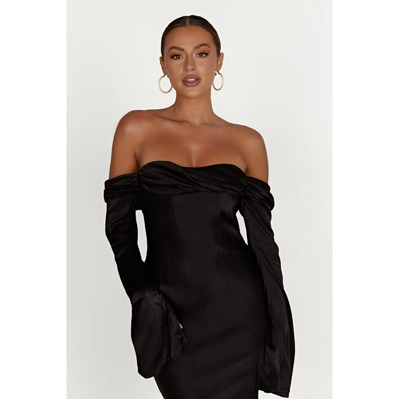 2024 New customizable high quality cheap Off Shoulder Cowl Neck Maxi Dress - Black