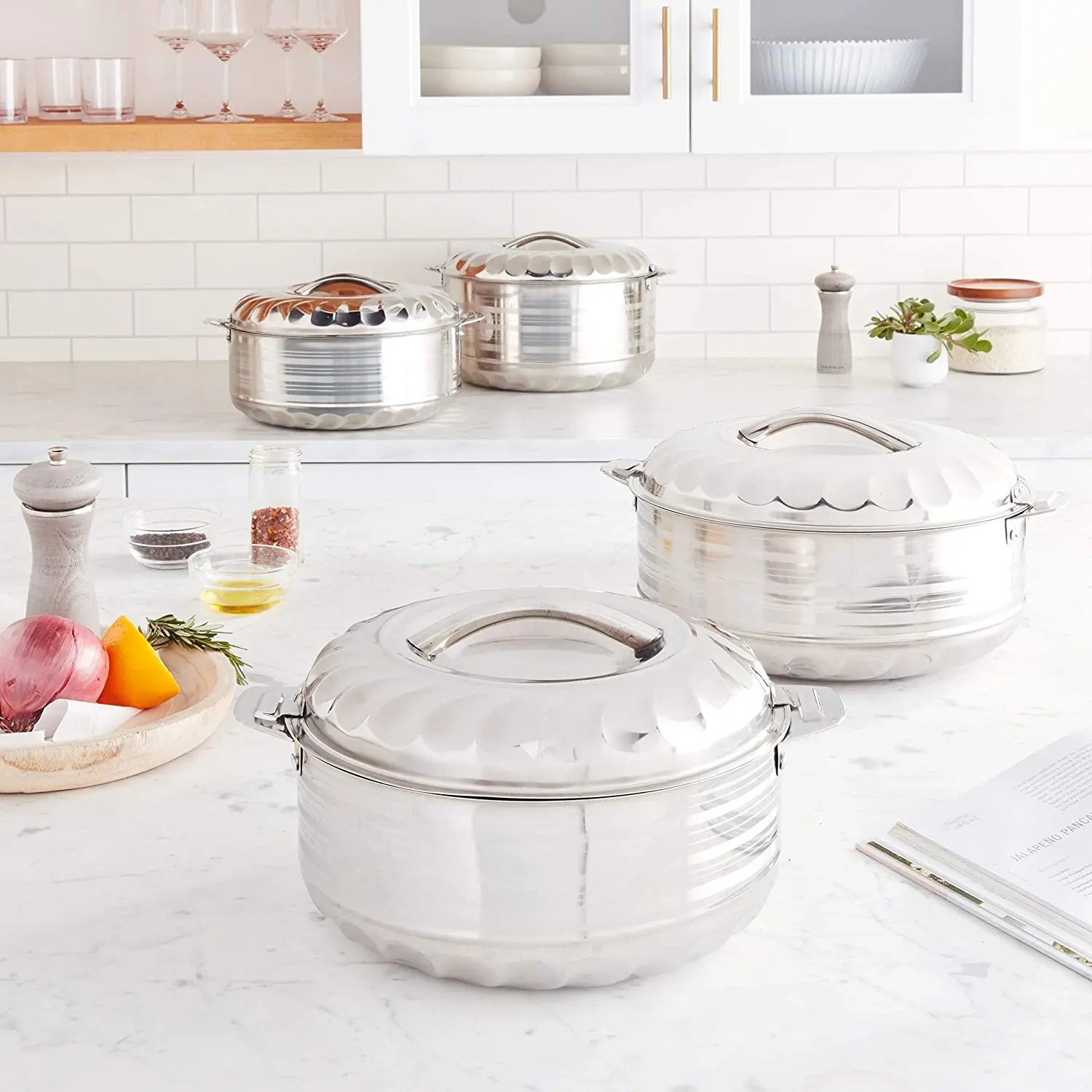 Top Sale Kitchen Cookware Set Customized Logo Stainless Steel Casseroles 3Pcs Food Warmer Hot Pot Set