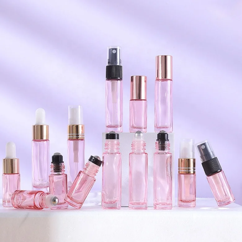 10ml Perfume Fragrance Essential Oil Clear Pink Glass Bottles With Stainless Steel Roller Ball
