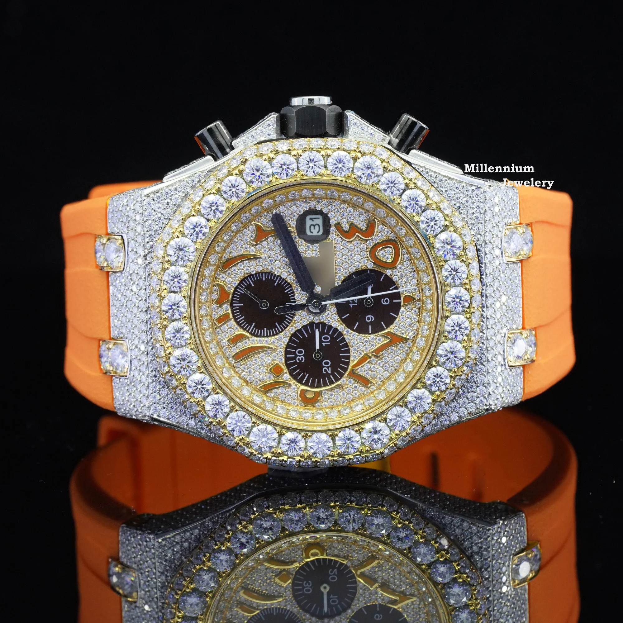 Hot Selling Branded Iced Out Moissanite Watch Hip Hop Bust Down Chrono Watch For Men Rubber Belt Watch At Wholesales Price