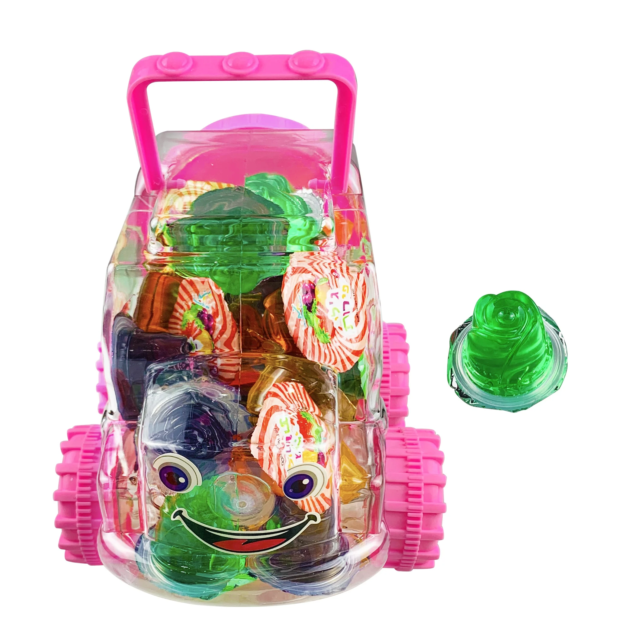 Wholesale Cartoon Mini Hanging Car Shape Assorted Fruit Flavor Jelly Pudding Candy in Pink Car Jar Kids Snack