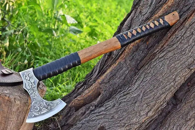 Forged Carbon Steel Viking Axe Hatchet Rose Wood Shaft Bearded Camping Axe