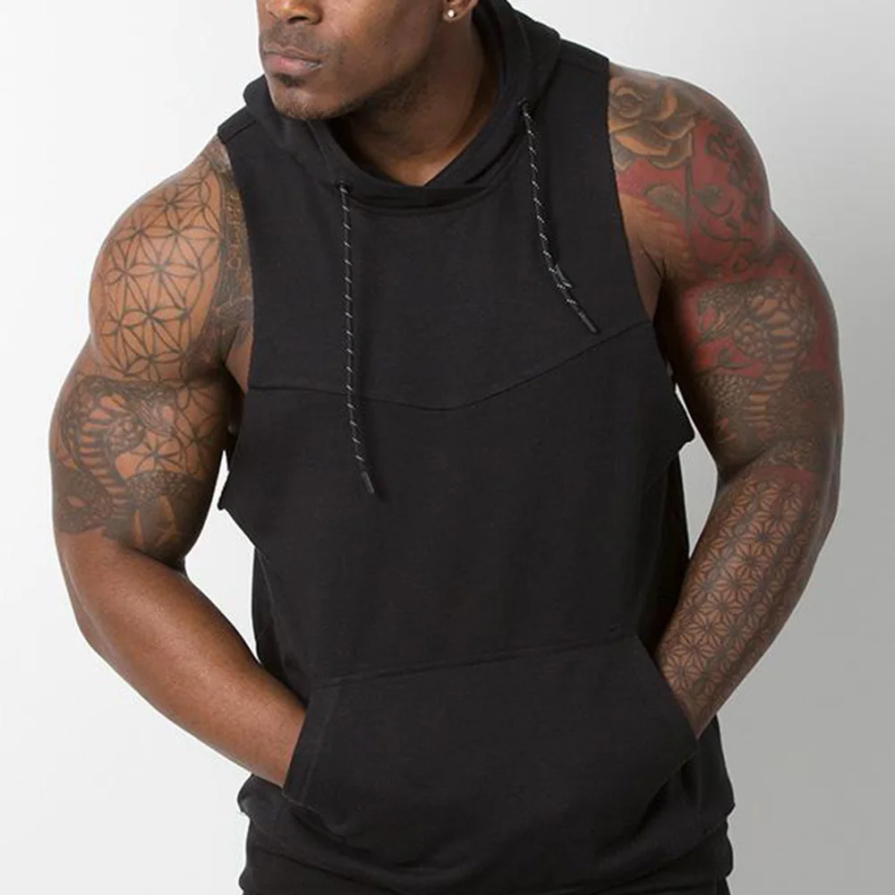 2024 Wholesale Bulk Men Gym Wear Stringer Hoodie Blank Sweatshirt Mens Sleeveless Workout Base Layer Kangaroo Pockets Hoodies