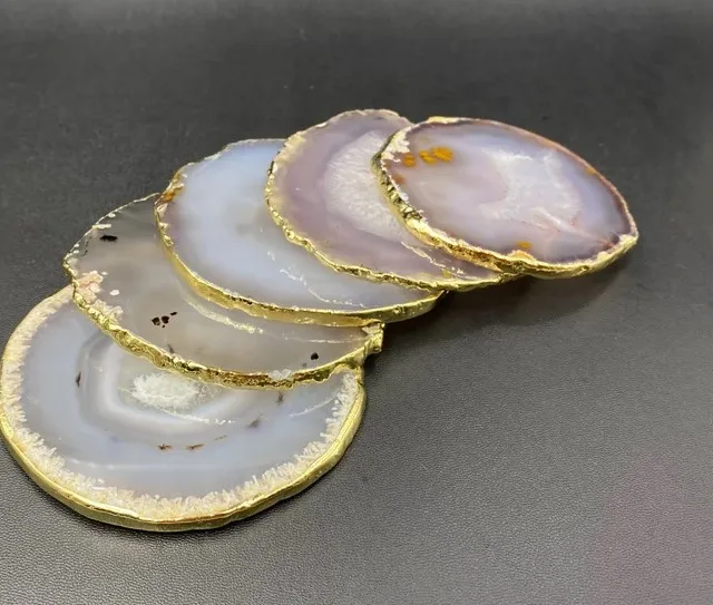 Wholesale Natural Gray Agate Large Slice Crystal Geode Stone Agate Gold Plated Trim Home Decoration For Sale