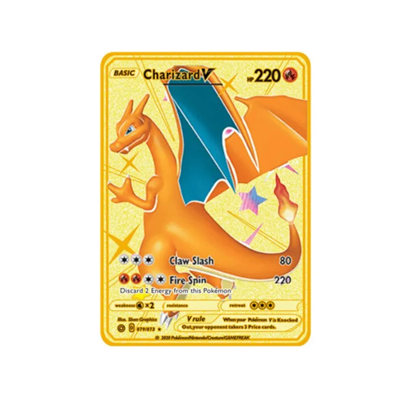 55 Card Metal Gold Vmax GX Energy Card Charizard Pikachu Rare Collection Battle Trainer Card Child Toys Gift French Spanish