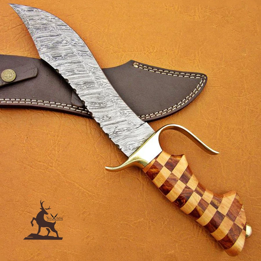 Custom handmade Damascus Hunting knife with brass guard and wood handle with leather sheath