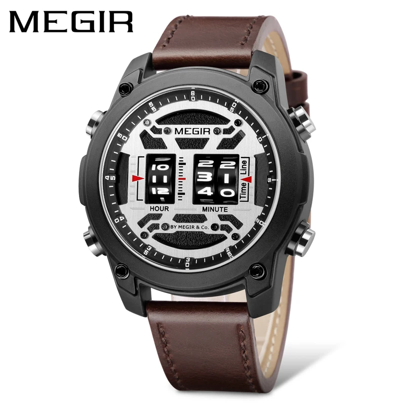 MEGIR 2142 Drum Roller Watch for Men Fashion Quartz Wristwatch Leather Strap Sports Men Designer Wristwatch relogio masculino