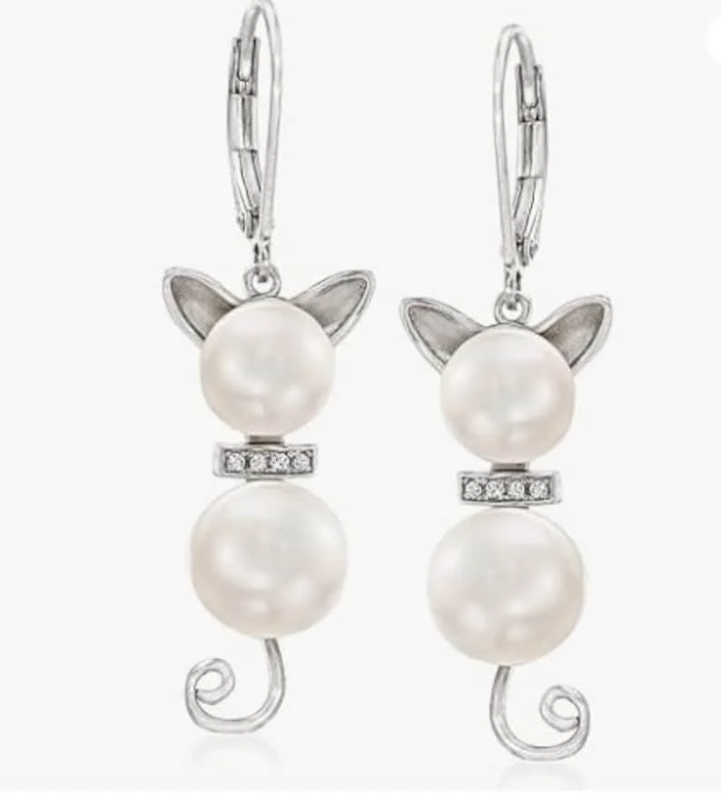 High Quality 14K White Gold 0.25 TCW Lab Grown Diamond Cat Design Drop Earrings Cute Cat Design Party Wear Fine Jewelry Earrings