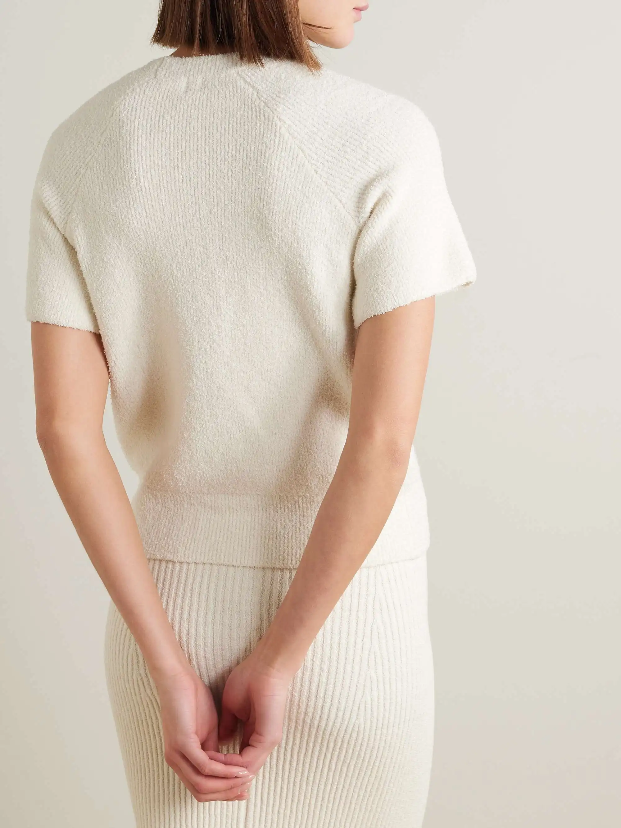 Wholesale custom women solid color simple design short sleeve knit sweater soft cotton blend knit boucle top