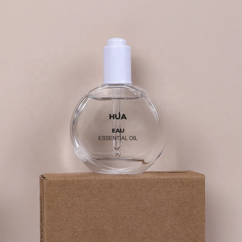 50ml flat round hot sale glass serum cosmetic essential oil dropper bottle with pump