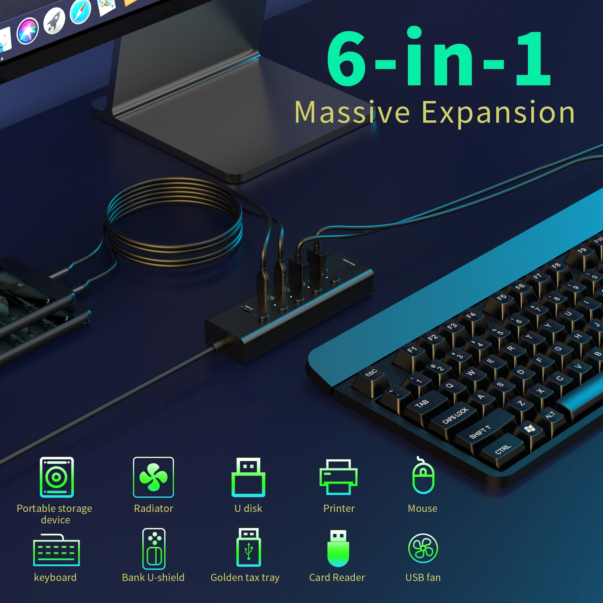 6 in 1 aluminium usb c hub HD 4K 8K 3*Type-c 2*USB-A PD 100W data transfer power charge video output type c hub for laptop