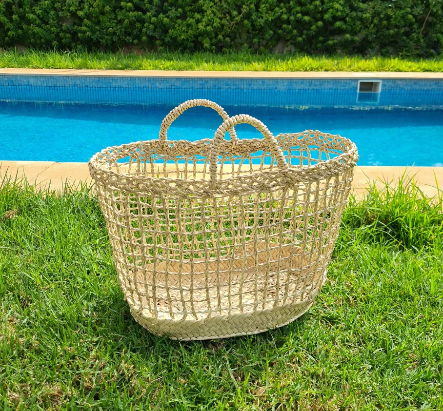 Handmade Boho Beach Basket Gorgeous French Vintage Style from Straw in Morocco for Summer Spring Autumn and Winter Use