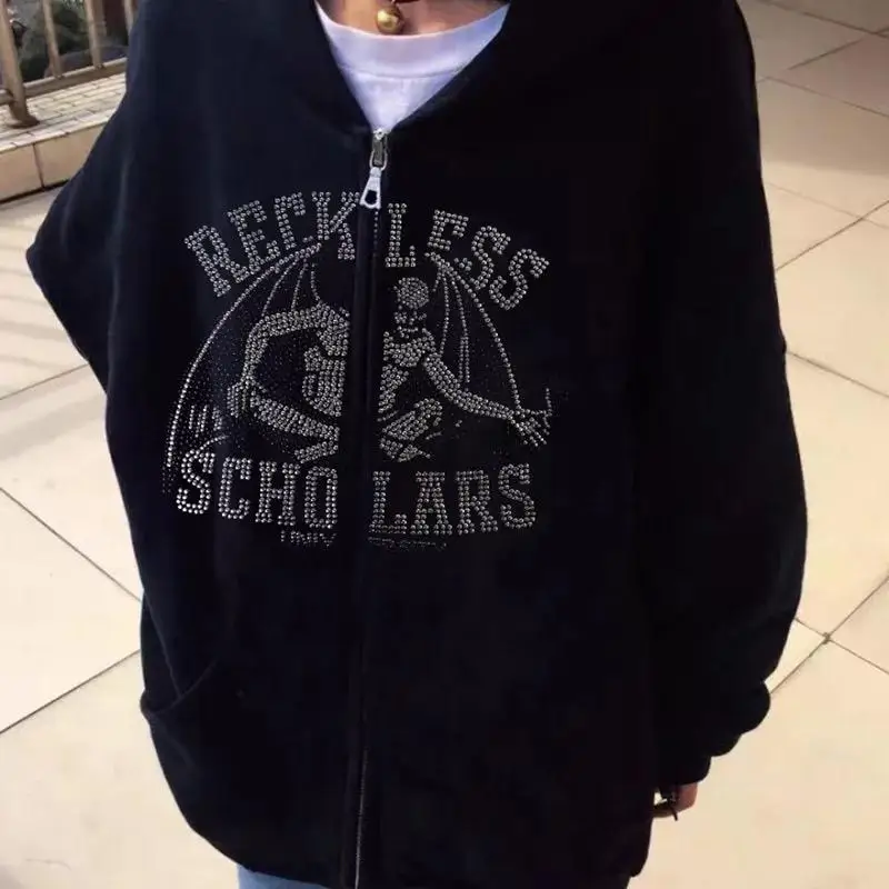 2022 custom logo bling rhinestone transfer full zip hoodies oversized rhinestone logo hoodie