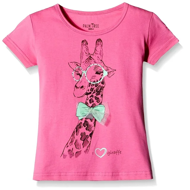High Quality Giraffe Printed Net Dye Pink T-Shirt Stylish Baby Kid Tee-Shirts Custom Printed Pure Cotton Long Girls Size 4