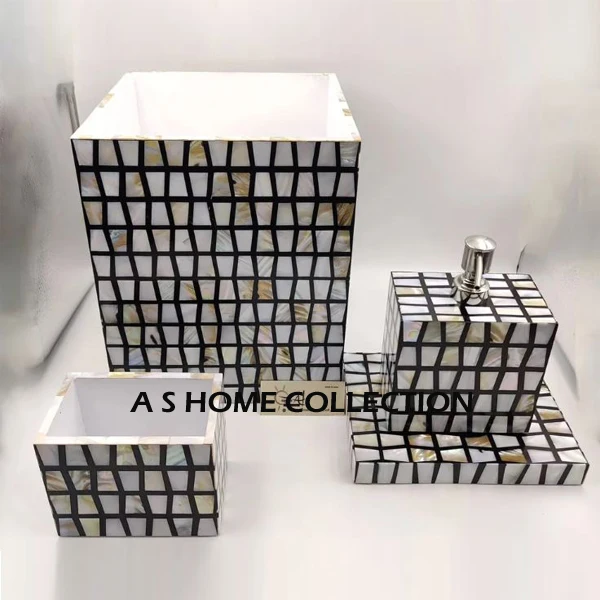 Hot Newly Product Set Pack Metal Stainless Steel Mother Of Pearl Inlay Bathroom Accessories Set Storage Basket Home Decorations