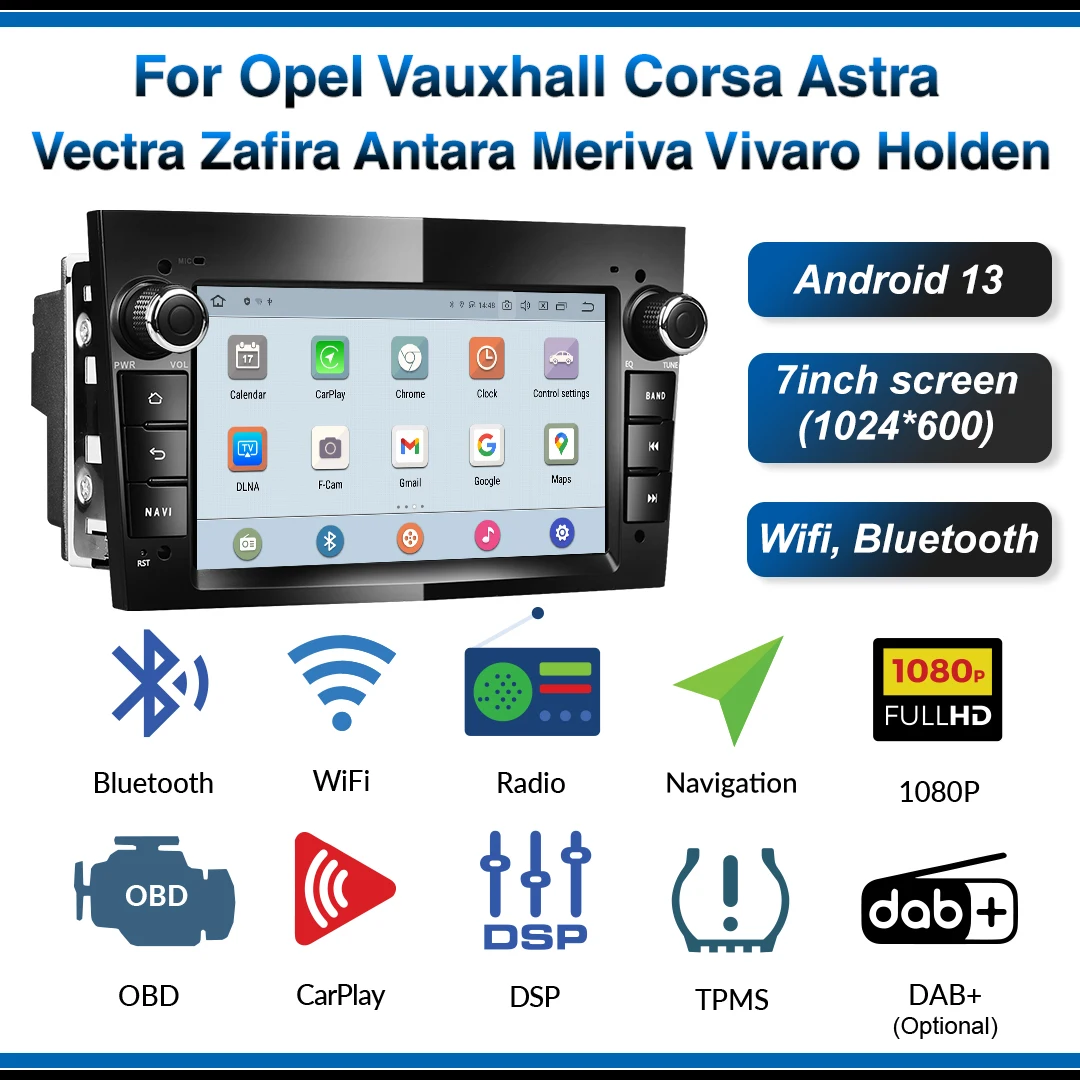 BG Factory 7inch Android 13 ultra-thin 8Cores (4+64GB) car radio for Opel Wireless Carplay GPS navigation 4G Wifi Bluetooth