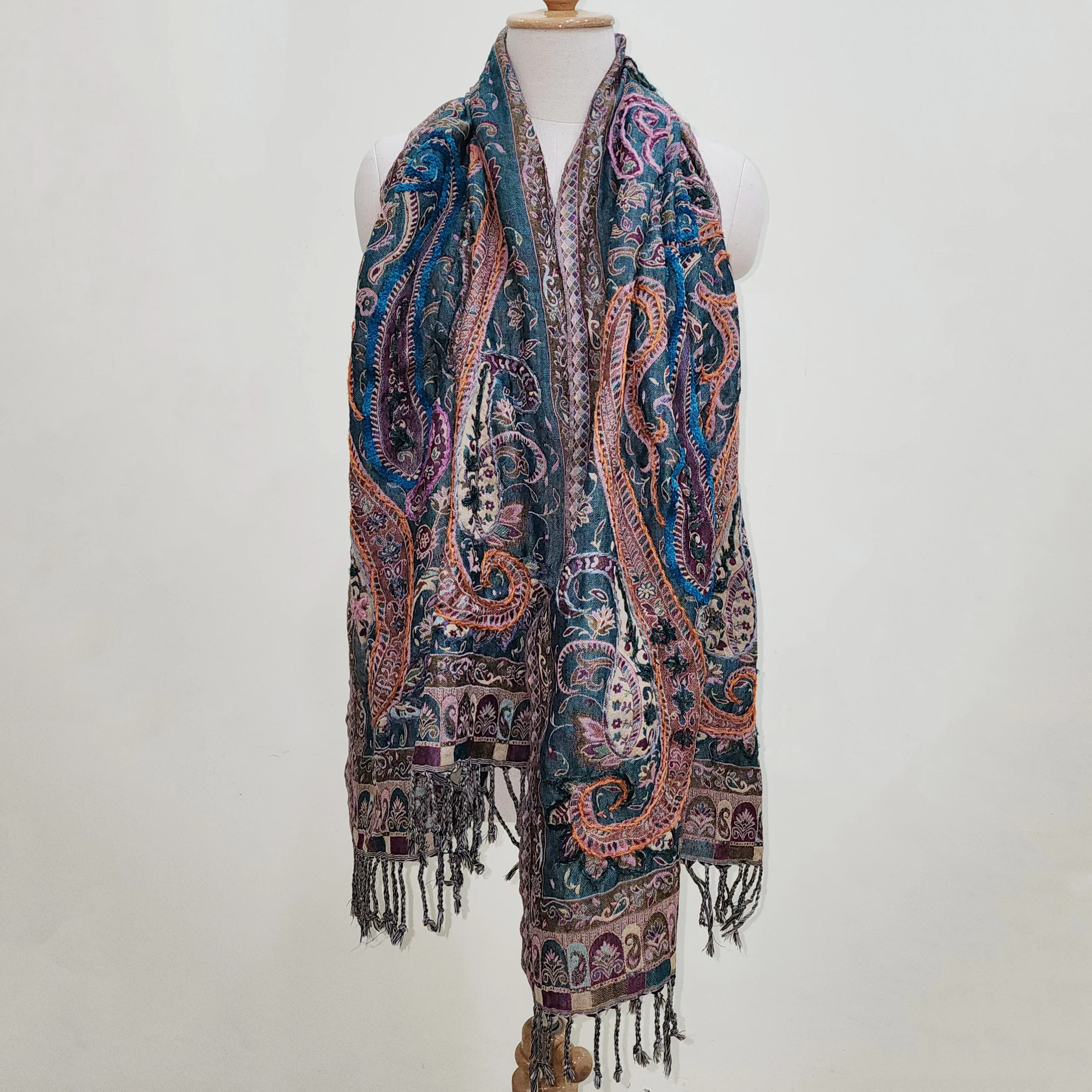 Hand Made Fringe Wool Scarf Hand embroidery pattern winter wear Thick Soft wool scarf for women handcrafted Winter wear scarves