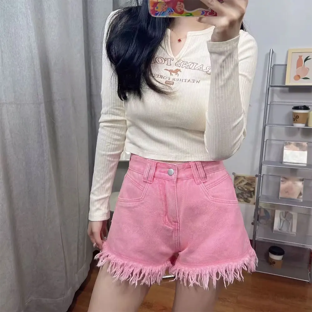 Basic High Korean Girls Denim Shorts Streetwear Skinny Custom Logo Raw Hem Button Belt Hot Short Light Weight Bow Available Pink