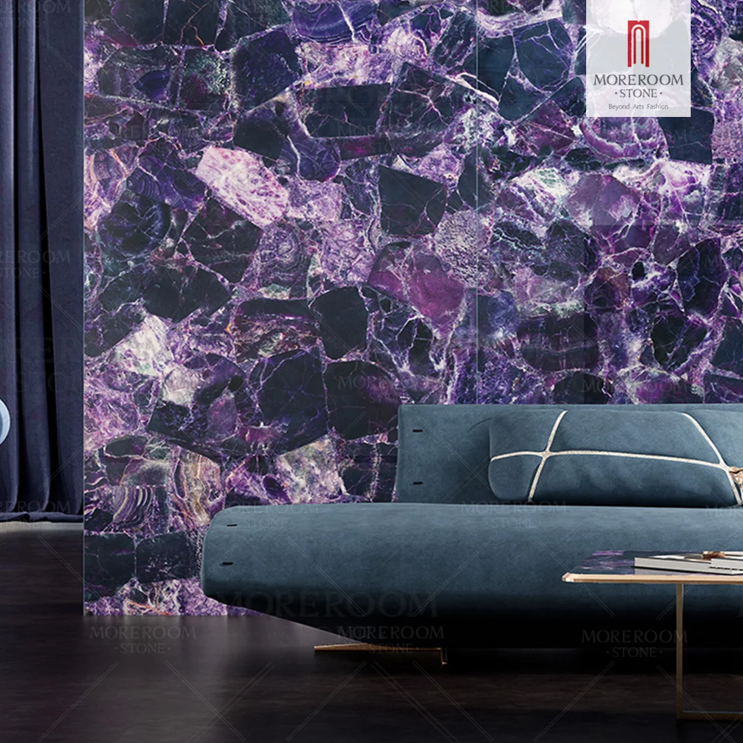Elegant Purple Quartzite Crystal Fluorite Slab Semi Precious Quartz Slab For Wall Tile