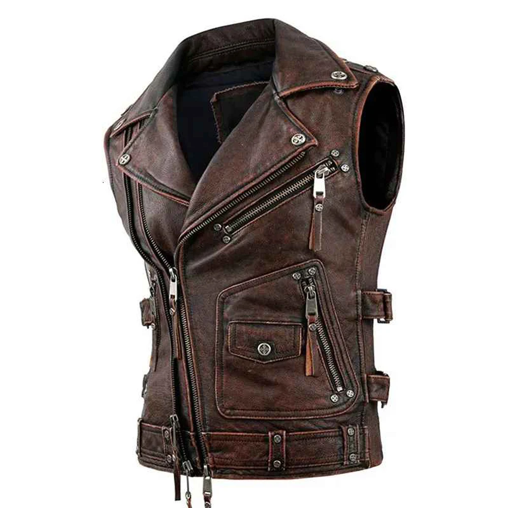 OEM Vintage Brown Motorcycle Vests Men Natural Cowhide Genuine Leather Jacket Sleeveless Riding Motor Biker Vest.