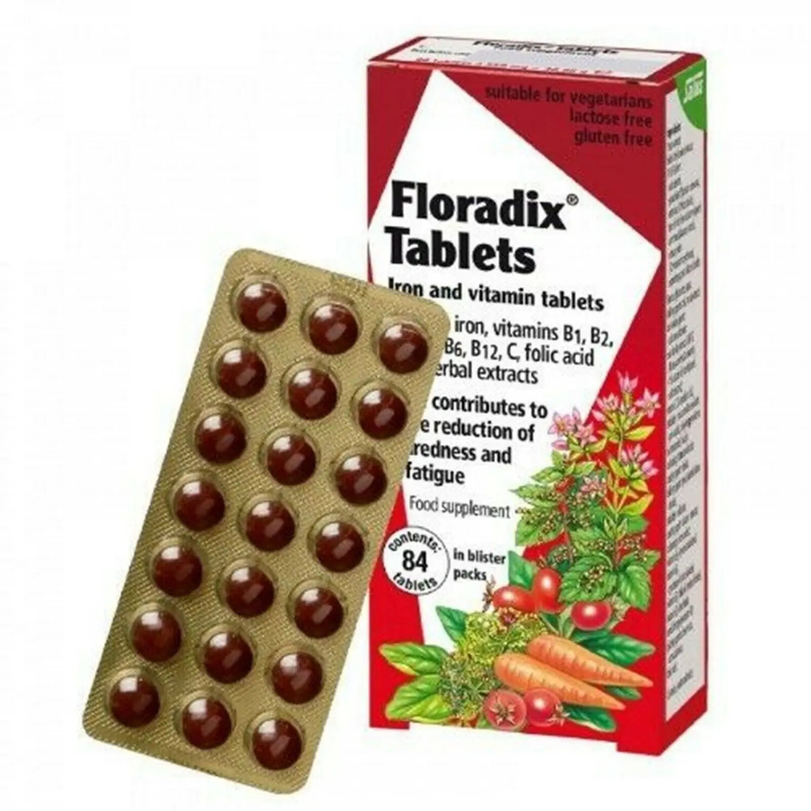 Таблетки железа Floradix 84S-повышает уровень и энергию с помощью смеси натуральным добавлением железа.