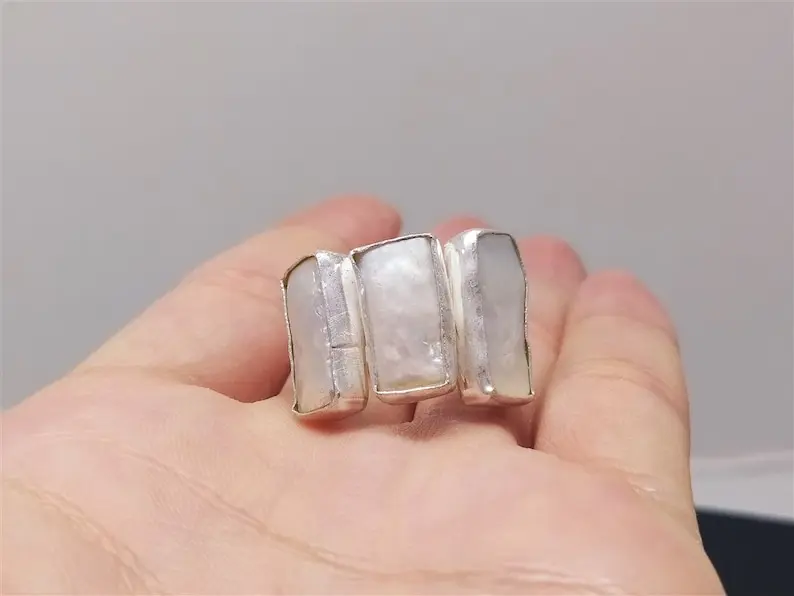 Bali Handmade 925 Sterling Silver Biwa Pearl Ring Gorgeous Natural Baroque Design Beautiful Fine Ring