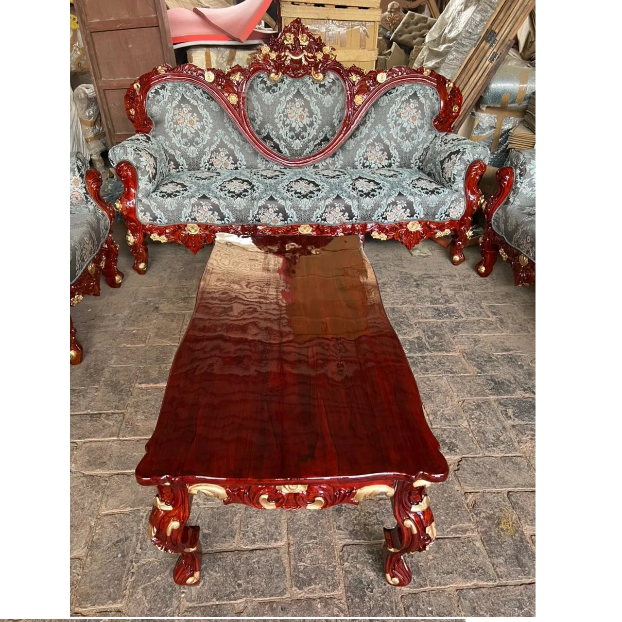 Three seats French light luxury sofa Solid wood carved fabric combination sofa Luxury villa European luxury couch