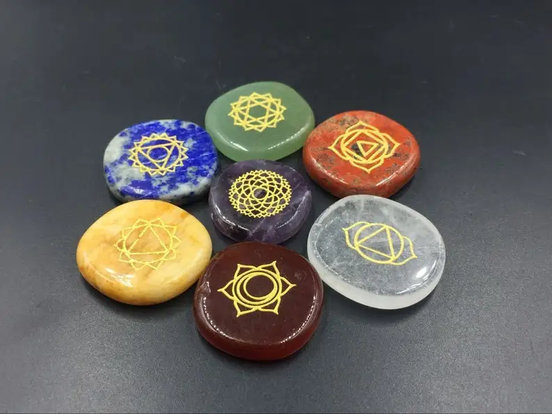 ROUND PALMSTONE SEVEN CHAKRA HEALING SET ENGRAVED AND CARVED WITH WOODEN BOX SET / CHAKRA STONE MEDITATION BOX / PALM STONE BOX