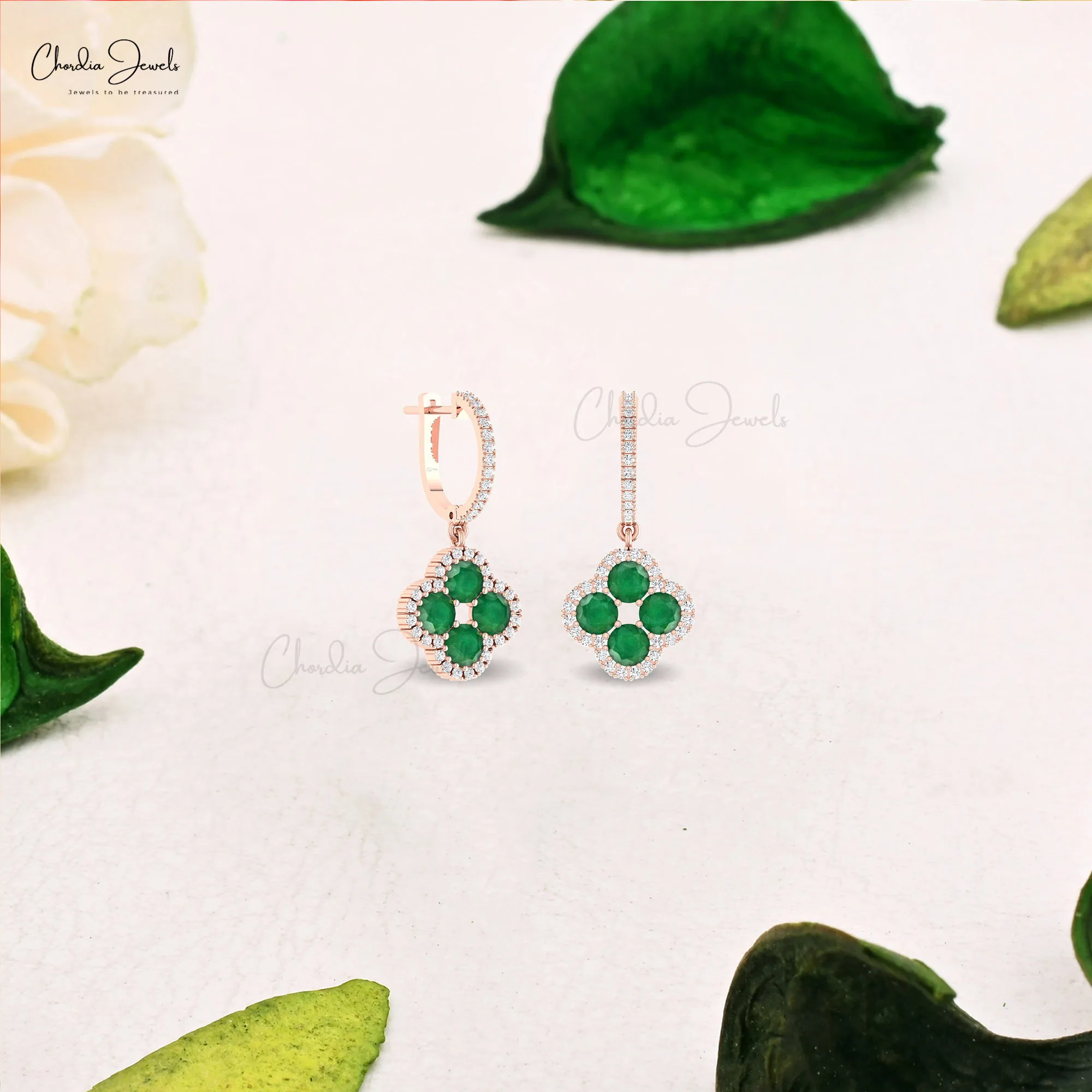 2024 New Products 4mm Round Emerald Gemstone Dangle Earrings 14k Real Gold Diamond Halo Clover Earrings Wholesale Fine Jewelry