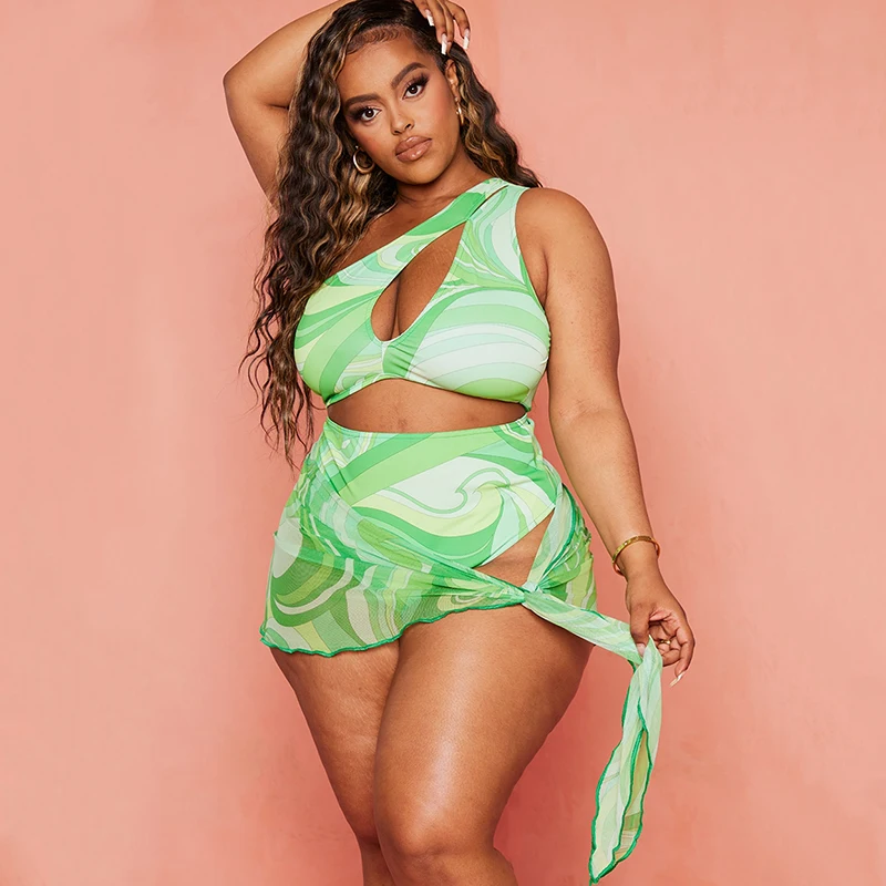 Three Pieces Green Tie Side Sarong Swimsuit Cover Up Plus Size Printed Swimwear Women Sexy Transparent Bikini