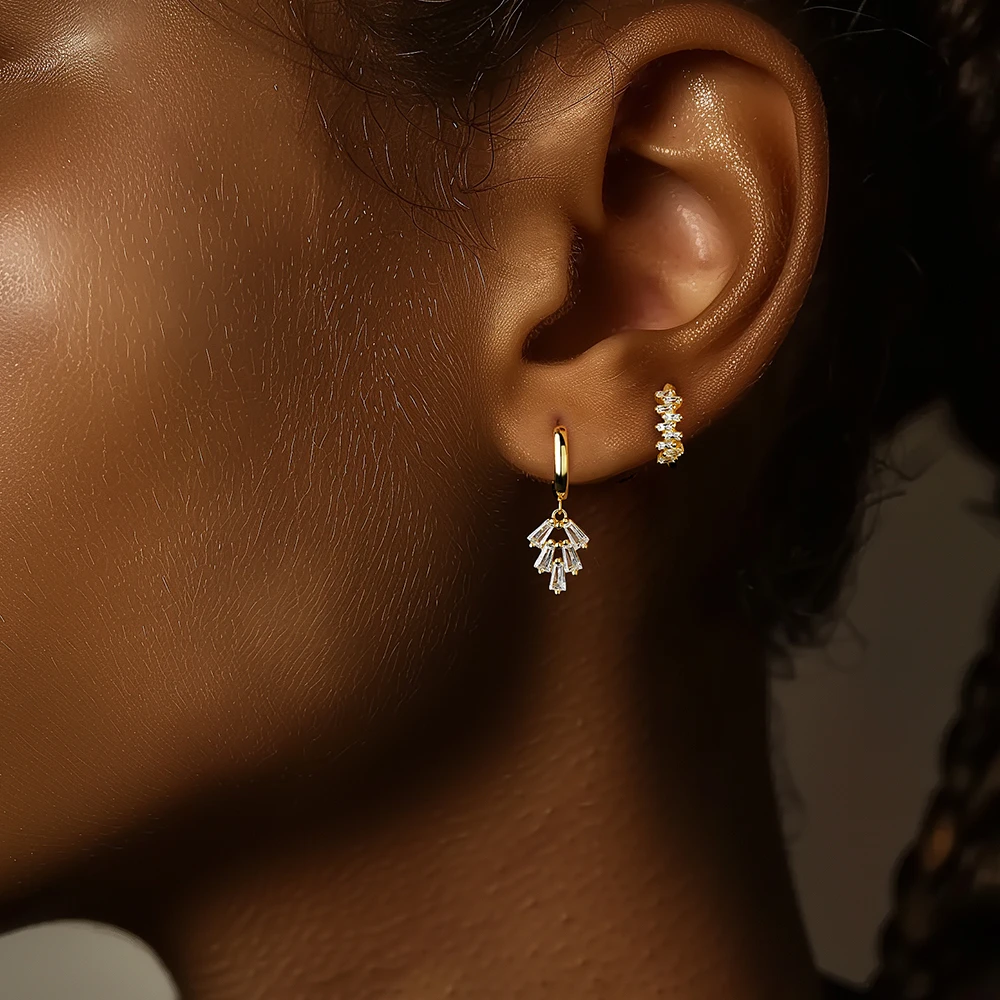 Fancy S925 Fine Jewelry Statement Rectangular Zircon Geometric Dangle Drop Stud Hoop Earrings Sets for Women
