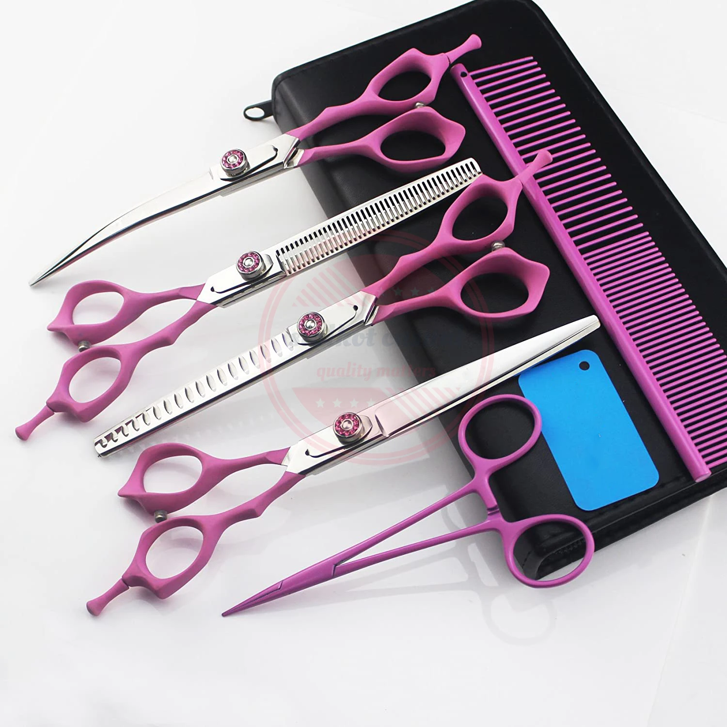 Premium Quality Stainless Steel Custom Titanium Coated Pet Grooming Cutting Thinning Chunker Curved Straight Scissors Comb Sets