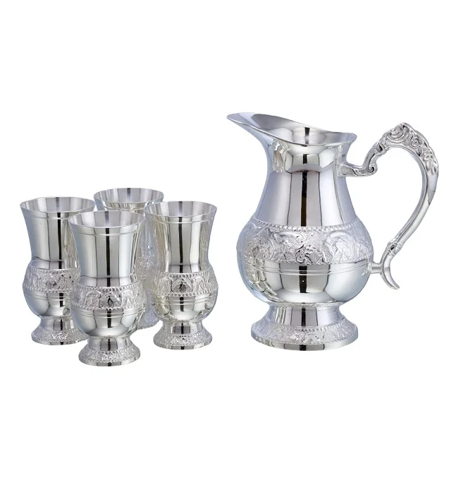 Silver Plated  Pitcher with Set Of Four Tumbler Engraved Pitcher Best For Healthy Life