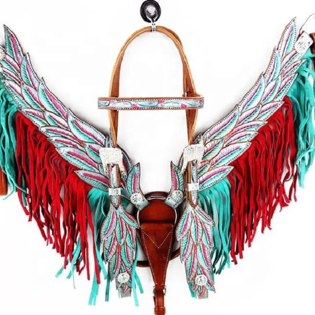 Lightweight Designer Cow Hide Angel Wings Headstall Breast Collar with bling conchos pink red white accents western horse Tack