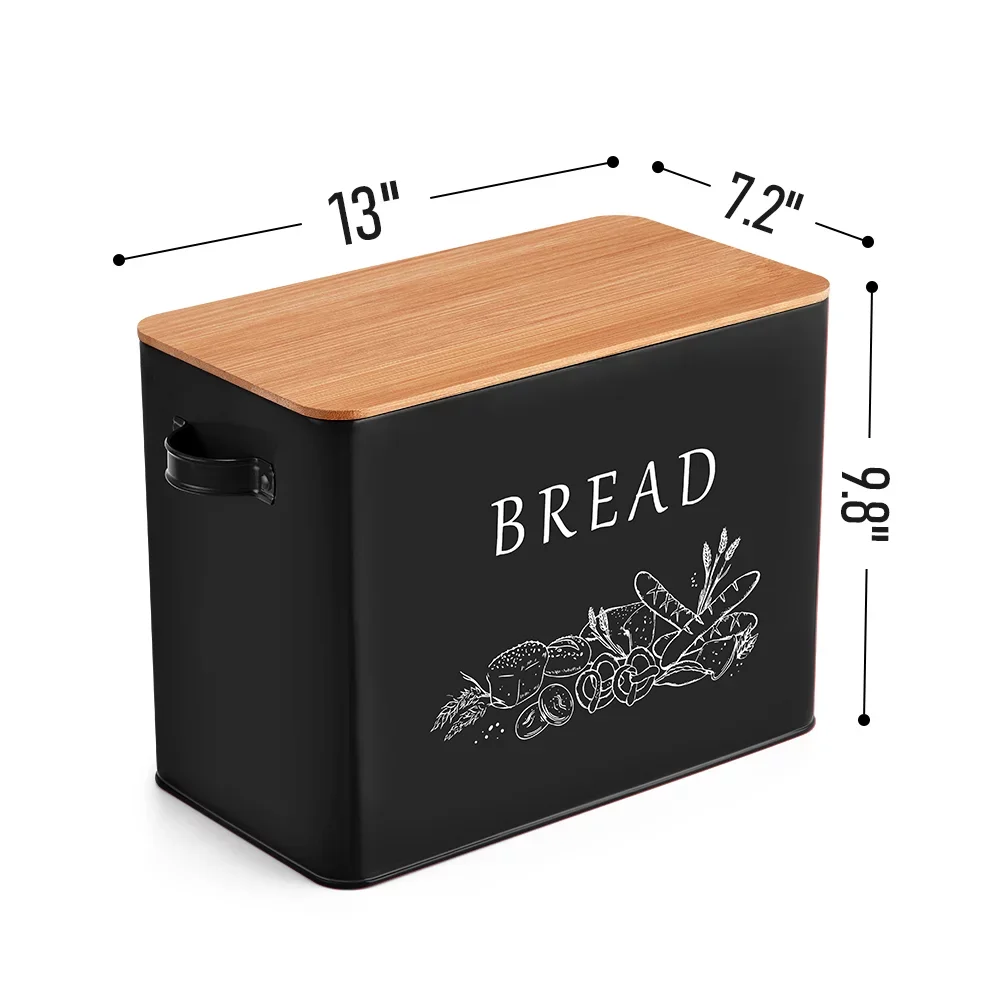 Black Bread Box for Kitchen Counter, Metal Bread Storage Bin with Wooden Cutting Lid, Large and Capacity for Holding