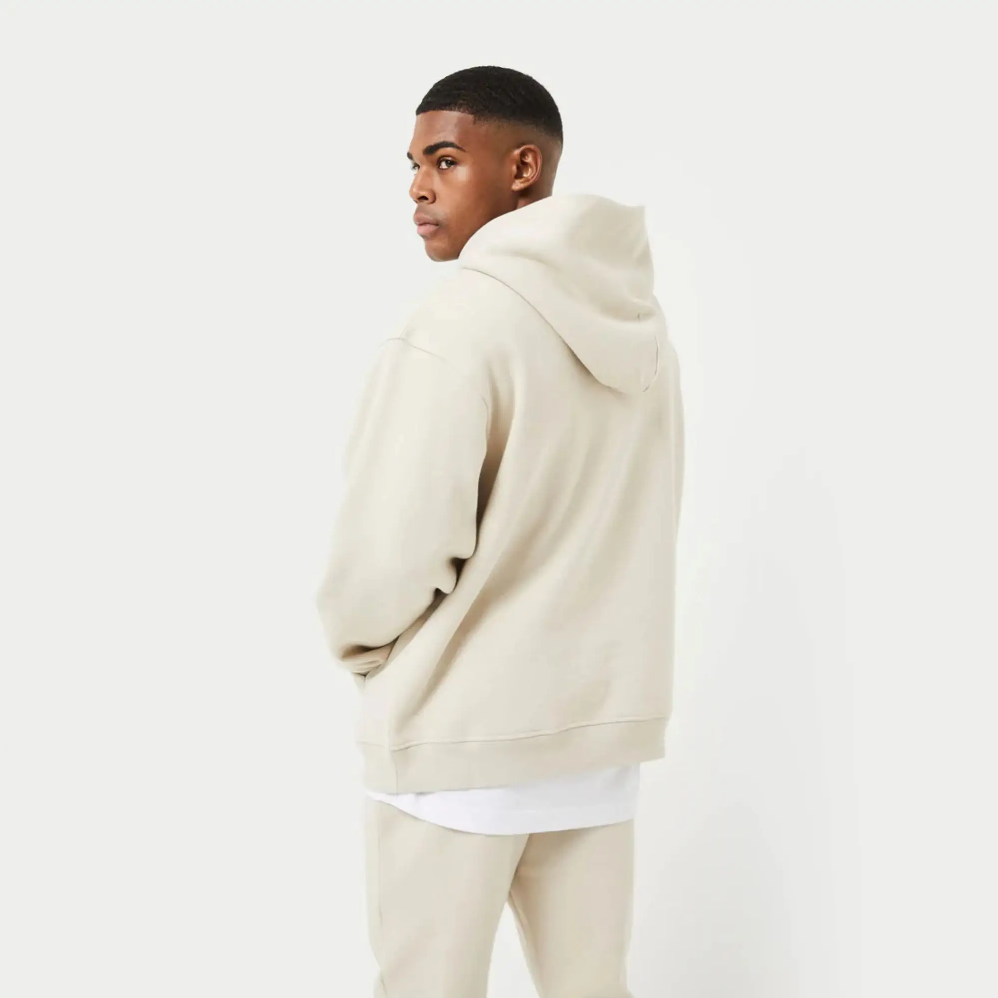 80% Cotton 20% Polyester Dropped Shoulders Pullover Style Cross Over Neckline Ribbed Hem and Cuffs Oatmeal Oversized Hoodie